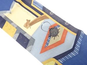 紗紬　切りばめ　刺し子　囲炉裏模様　袋帯